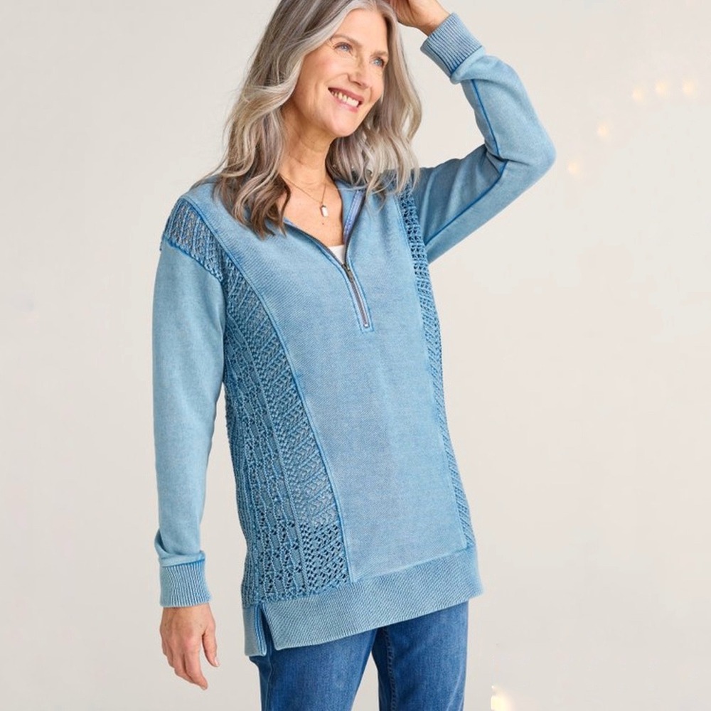 Soft Surroundings Viveca French Terry Half Zip Pullover Sweater Tunic Blue M